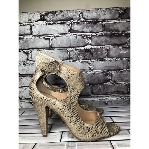 Sigerson Morrison Gold Leather Peep Toe Ankle Strap Dress Heels Women 8.5US/39EU - Picture 7 of 16